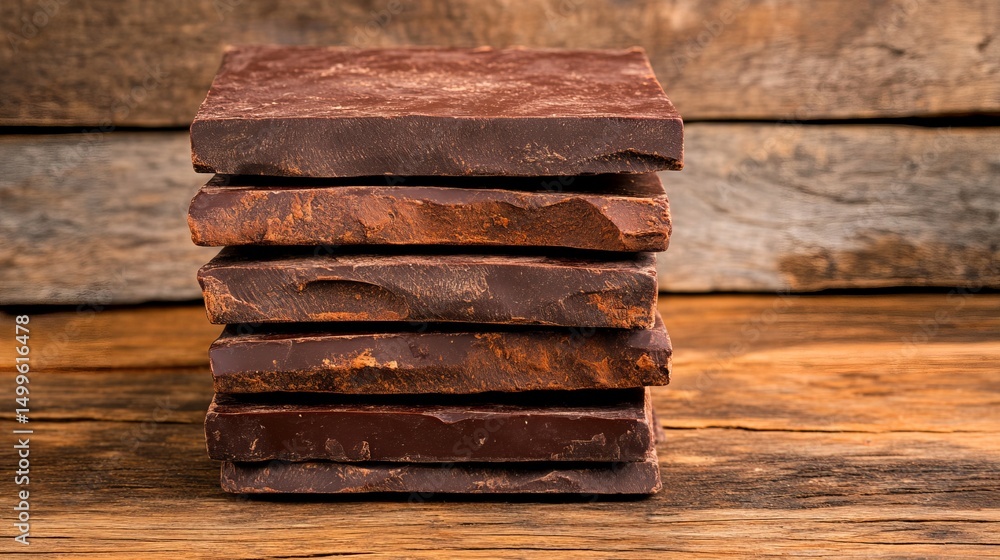 Poster chocolate squares are stacked high on a rustic wooden surface, creating a visually appealing dessert