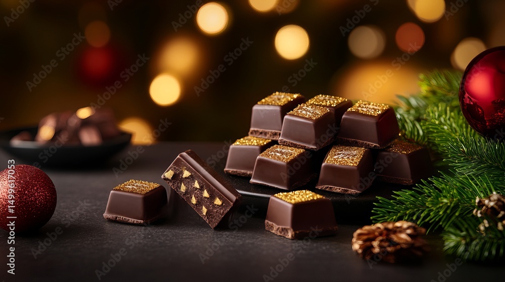Poster chocolates are arranged on a dark surface with a christmas ornament and pine needles, creating a fes
