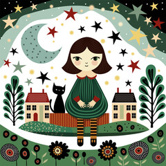 girl with a cat sits at night against the background of flowers, houses and the starry sky. vector poster. postcard illustration