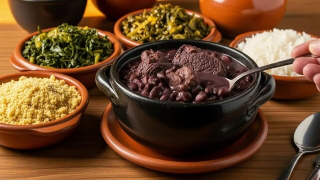 Traditional Brazilian Feijoada Being Stirred with Spoon, Served with Rice and Farofa