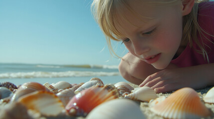 A child curiously examines colorful seashells on the beach.