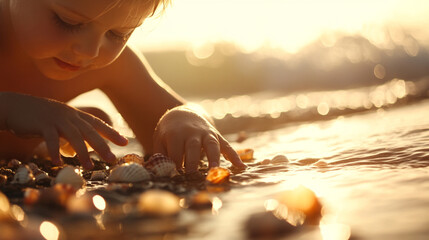 A child joyfully explores seashells on a sunlit beach.