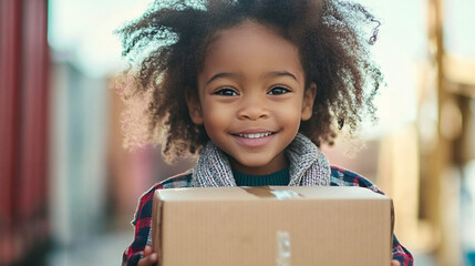 Young girl joyfully holds a package with a bright smile.