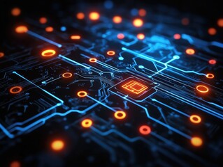 3D Rendered Abstract Circuit Board with Glowing Nodes & Pathways: Blue-Orange Tech Concept for Computer Engineering Visualizations, Data Flow Diagrams, or High-Tech Branding. 