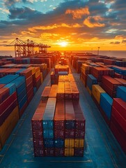 A vibrant sunset illuminates a vast expanse of colorful shipping containers neatly stacked on a cargo ship, with port cranes visible in the distance