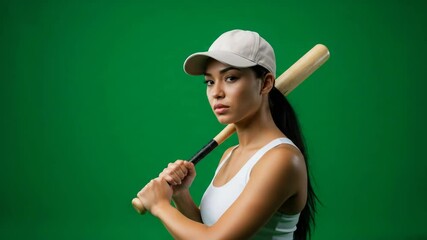 a talented female baseball player with a green screen background - Powered by Adobe