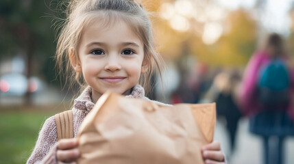 A smiling girl holding a bag in a warm autumn park setting.