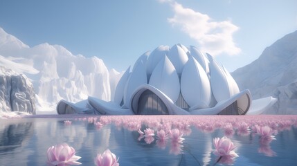 Futuristic white building and pond with pink lotus flowers in snowy mountains fantasy conceptual architecture solitude. surrealism, simultaneously aesthetic. Generative AI . architecture of the future