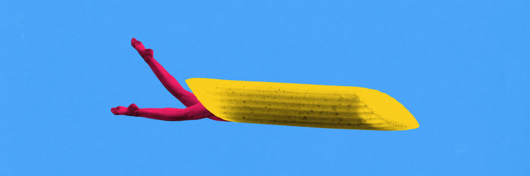 Banner. Creative artwork. Yellow pasta tube launches from midair with elegant female legs in red tights bursting out against bright blue background. Concept of absurd, fast food, surreal escape.