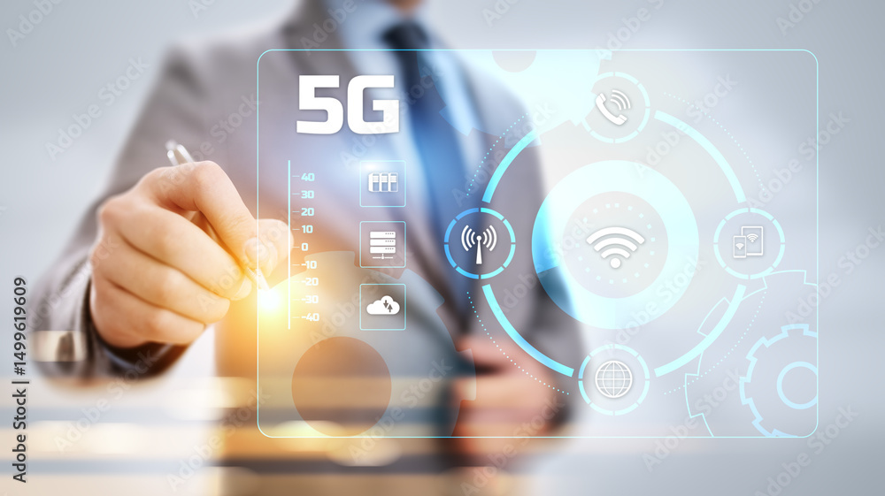 Poster 5g high-speed internet connection concept. businessman pressing button on screen.