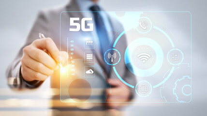 Fototapeta premium 5G High-speed internet connection concept. Businessman pressing button on screen.