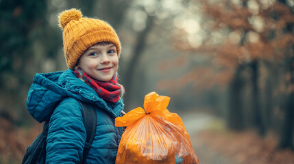 A smiling boy in an orange beanie holding a bag during cleanup.