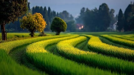 Curving rice terraces bathed in morning light
