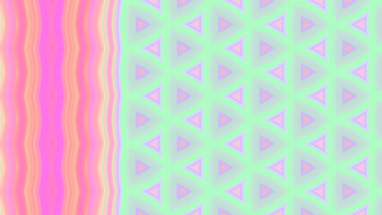 Pastel fluorescent colors pattern of triangle shapes, curved stripes and lines. Abstract geometric background in neon green, bright pink, light yellow, faded orange, purple. Grid of repeated elements
