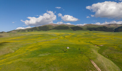 A view from a quadcopter of the picturesque mountain plateau of Asy in the Almaty region in southeastern Kazakhstan