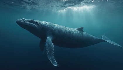 Fototapeta premium Humpback whale swims in deep blue ocean water. Underwater shot of giant whale swims calmly. Marine life animal in natural aquatic habitat. Blue sea background.