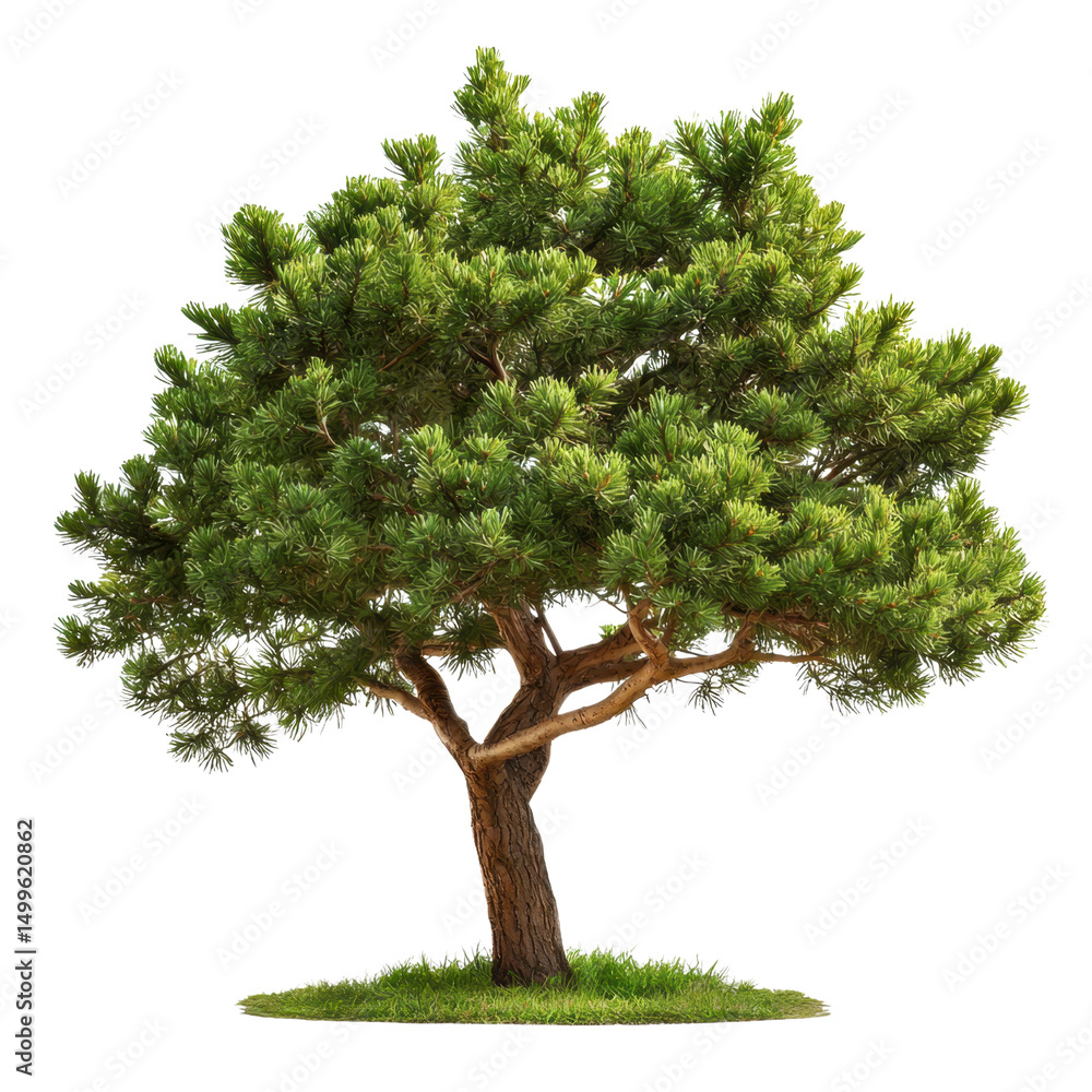 Poster lush pine tree with dense green foliage on a simple grass base against transparent background transp