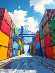 Fototapeta premium Colorful shipping containers line a roadway leading to large port cranes under a bright sky