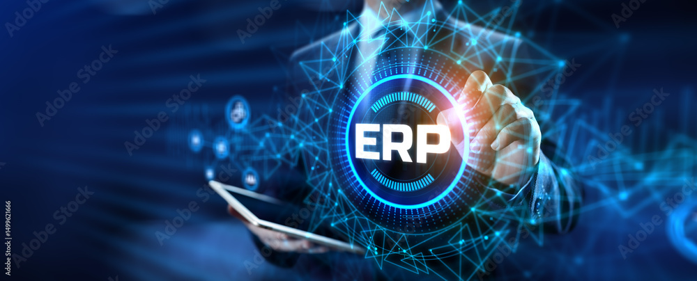 Poster erp enterprise resources planning software system business technology concept.
