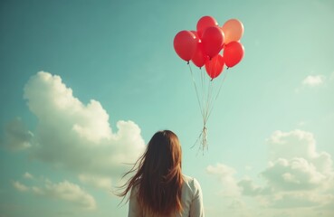 Woman looking at red balloons rising into sky. Concept of hope, freedom, letting go. Sky background, positive thinking, mental health. Overcoming adversity with optimism and self-improvement.
