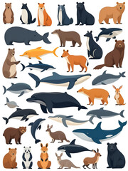 Fototapeta premium Different world animals set. Cute childish fauna, wildlife. Wild land and sea mammals, birds. Various bears, whale, kangaroo species. Flat graphic vector illustrations isolated on white background