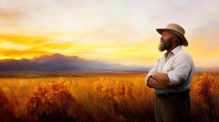 Farmer stands in golden field with arms crossed, gazing at distant mountains beneath a warm sunset sky.