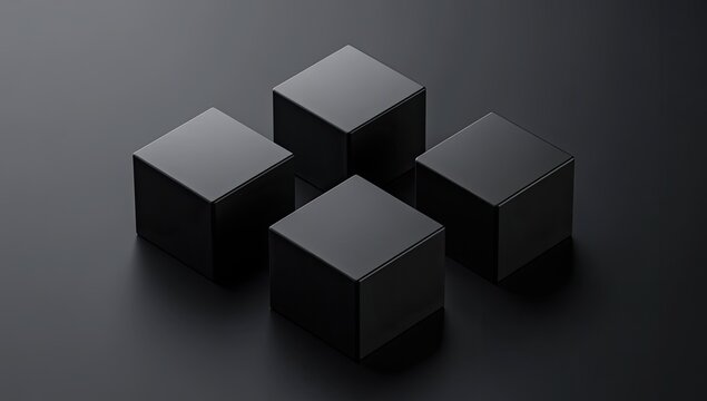 Fototapeta Four matte black cubes arranged in a square pattern on a dark surface