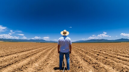 Farmer stands in plowed field under bright blue sky looking towards distant mountains.