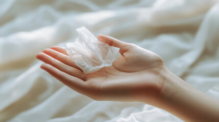 A gentle hand holding a tissue against a soft, flowing fabric.