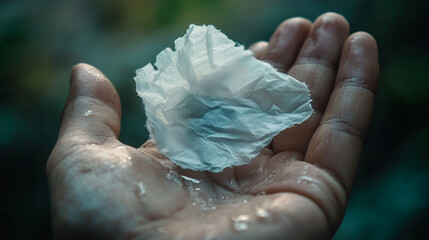 A hand holding a delicate tissue with water droplets, exuding serenity.