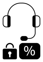 Headset symbolizing communication, lock for data security, and percent sign indicating sales or finance. Ideal for customer service, cybersecurity, finance, consulting, e-commerce, tech support flat