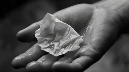 A hand holding crumpled paper with water droplets, captured in black and white.