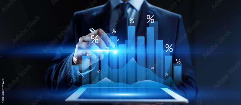 Poster financial growth strategy and data visualization with interactive graphs and percentages in business