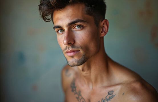 Handsome trans man portrait. Gender transitioning person from female to male. Young guy with serious look with tattoo. Focus on attractive face, eyes, hair, isolated on background.