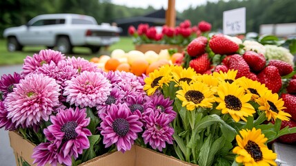Flowers and fresh produce are displayed at an outdoor market with a blurred truck in the background.
