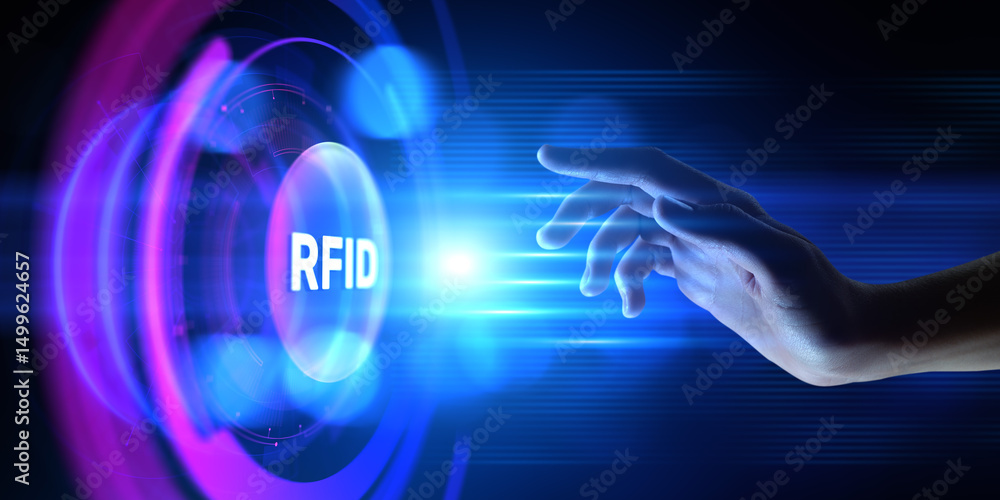 Poster rfid radio frequency identification. hands pressing button virtual screen.