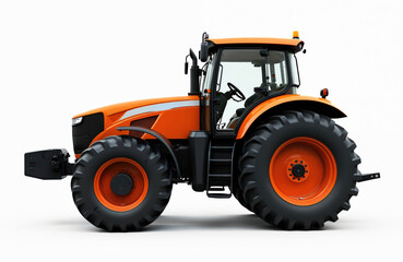 Obraz premium Orange tractor, side view, big wheels, isolated on white background. Modern agriculture machine for land cultivation. Heavy equipment for farm work in field. Farming, plowing, harvest, innovation.