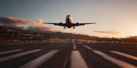 Naklejka premium Airplane Landing on Sunset Runway at Scenic Airport