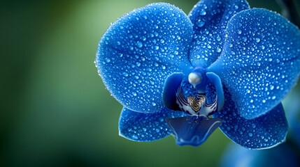 A vibrant blue orchid with water droplets, showcasing natural beauty.