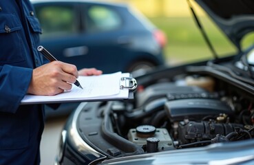 Auto mechanic writing checklist near open car hood, vehicle engine. Car service, repair, maintenance at workshop, garage. Automotive technician checking car details. Car diagnostics process.