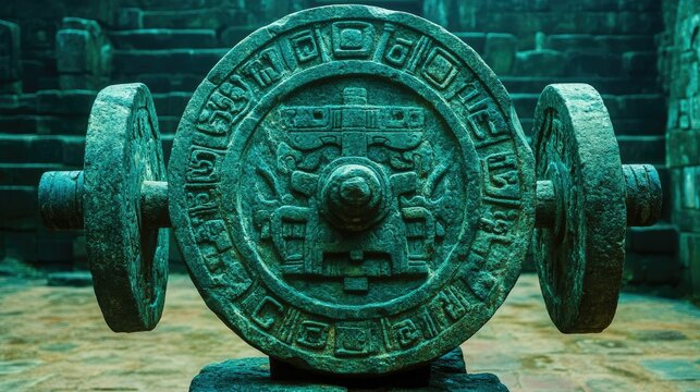 Ancient stone calendar wheel, intricate carvings, dark background