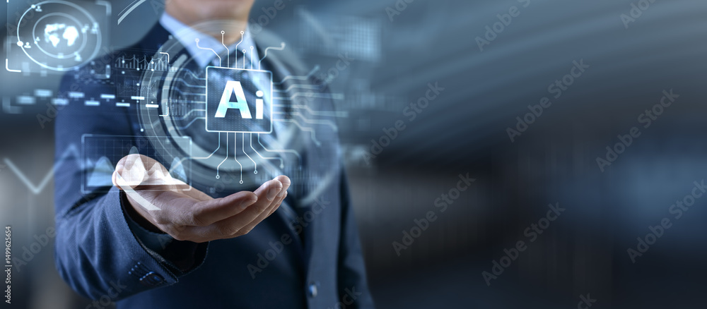 Poster artificial intelligence technology and global business strategy concept with digital interface.
