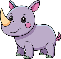 Purple rhino cartoon with smiling expression and short legs drawn in vector style for kids designs