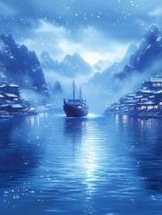 Fototapeta premium Serene winter scene a ship navigates a tranquil, snow-dusted bay nestled between mist-shrouded mountains and quaint, snow-capped villages under a twilight sky