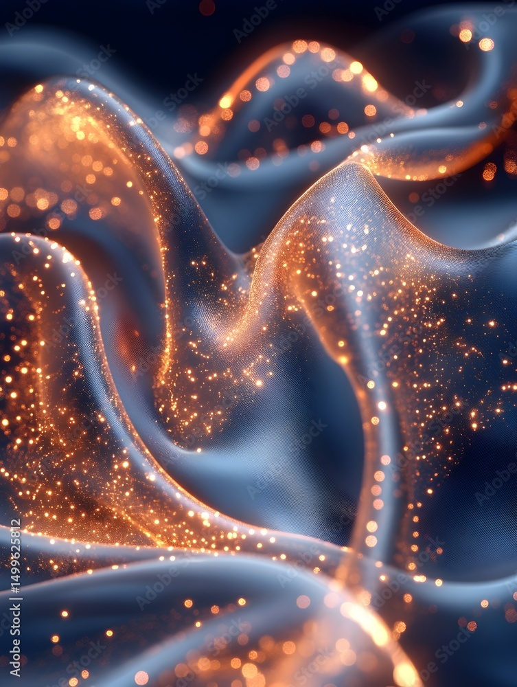 Poster shimmering, translucent fabric drapes in undulating waves, illuminated by embedded golden particles,