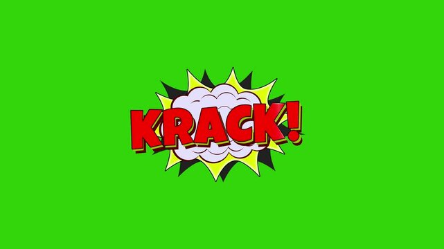 Animated cartoon CRACK text bursts in classic comic book style with green screen background for video editors.