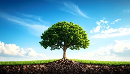 Obraz premium A healthy tree stands on green grass with visible roots underground, under a bright blue sky with scattered clouds.