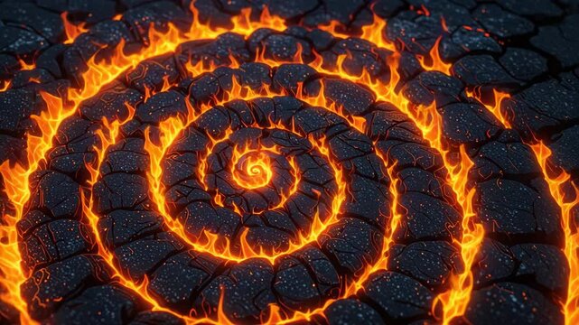 Spiral pattern of glowing lava cracks on dark rock surface	