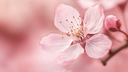 A close-up of a delicate pink cherry blossom in soft light.