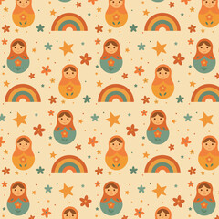 Hippie pattern in 70's style. Children's Seamless pattern. Vector retro pattern.